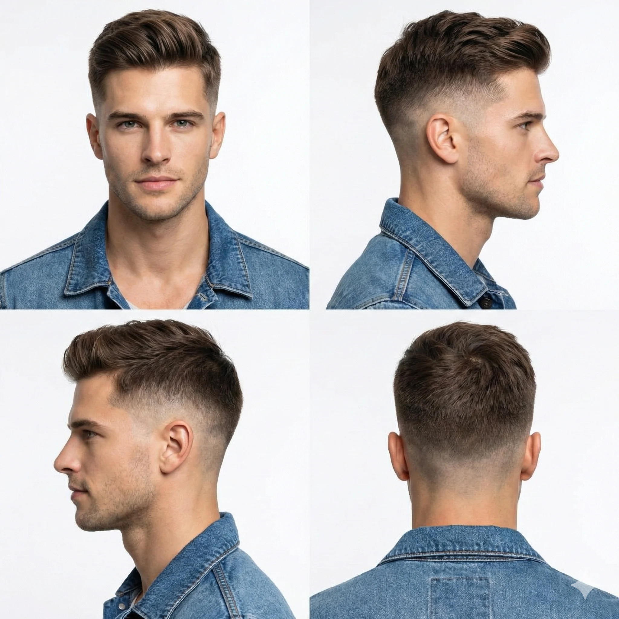 Collage showing a man's modern fade haircut from four angles: front, side profiles, and back. He wears a denim jacket against a plain white background.