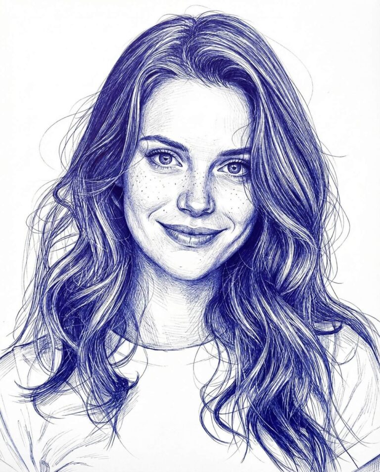 Gemini AI Generated Image: A detailed pen sketch portrait, rendered in blue ink on white paper, showing a smiling young woman with long, wavy hair and freckles. The drawing style uses cross-hatching and line work to create shade and texture.