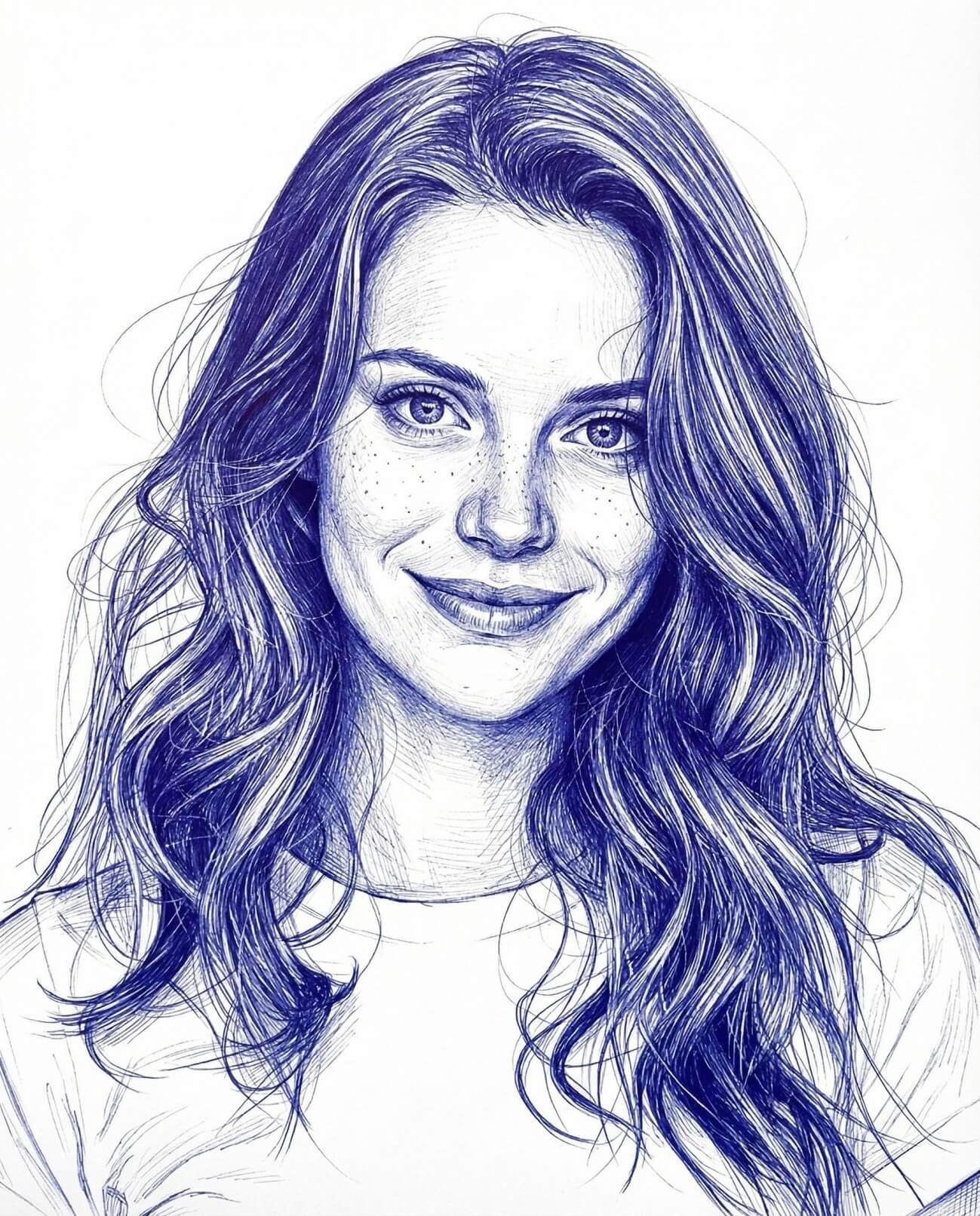 Gemini AI Generated Image: A detailed pen sketch portrait, rendered in blue ink on white paper, showing a smiling young woman with long, wavy hair and freckles. The drawing style uses cross-hatching and line work to create shade and texture.