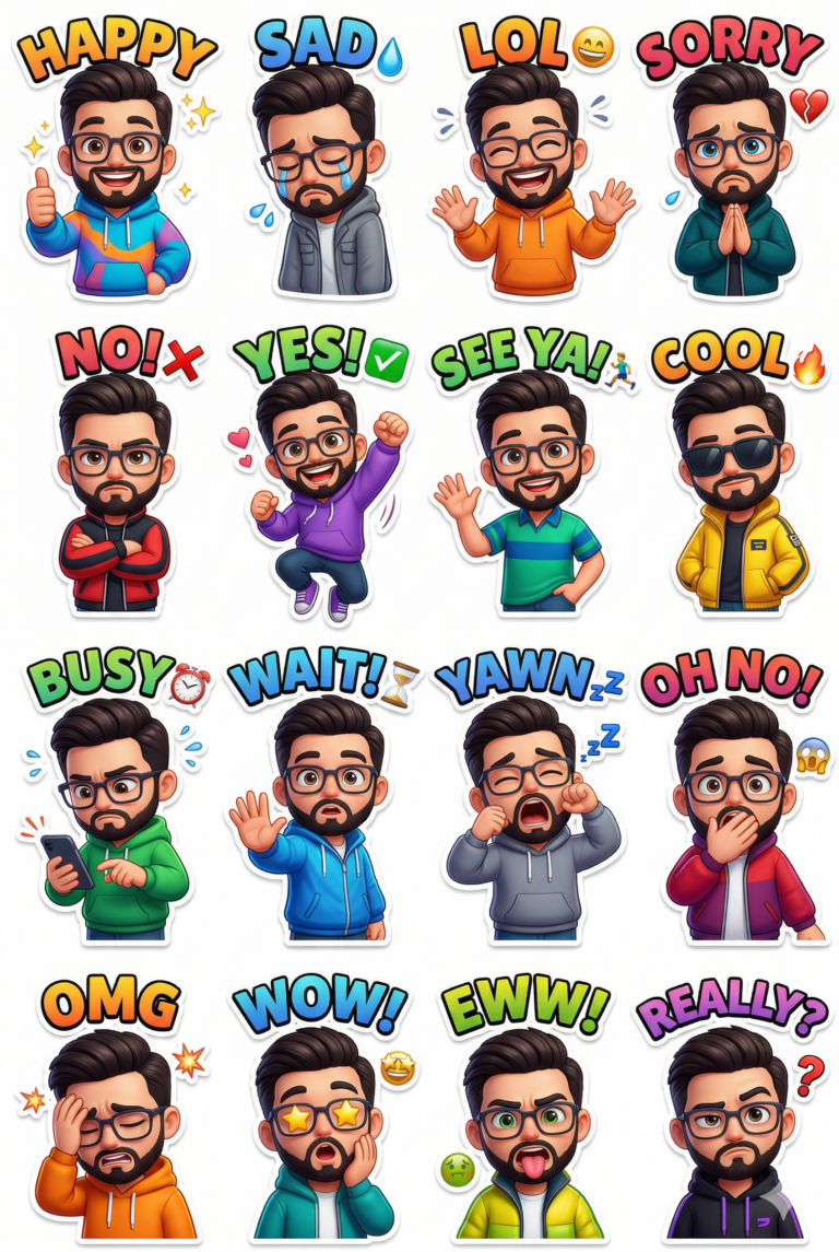 Cartoon Man Expression Sticker Set AI Photo Editing Prompt. AI generated digital illustration of a 16-piece sticker sheet featuring a bearded man with glasses displaying various emotions and reactions with colorful text labels.