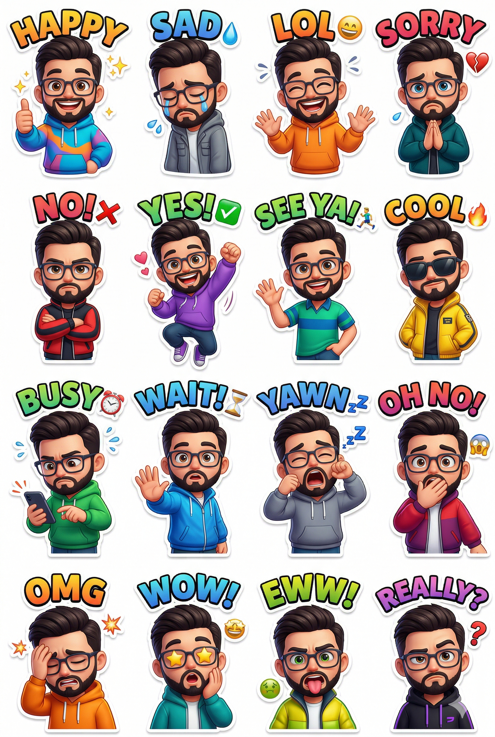 Cartoon Man Expression Sticker Set AI Photo Editing Prompt. AI generated digital illustration of a 16-piece sticker sheet featuring a bearded man with glasses displaying various emotions and reactions with colorful text labels.