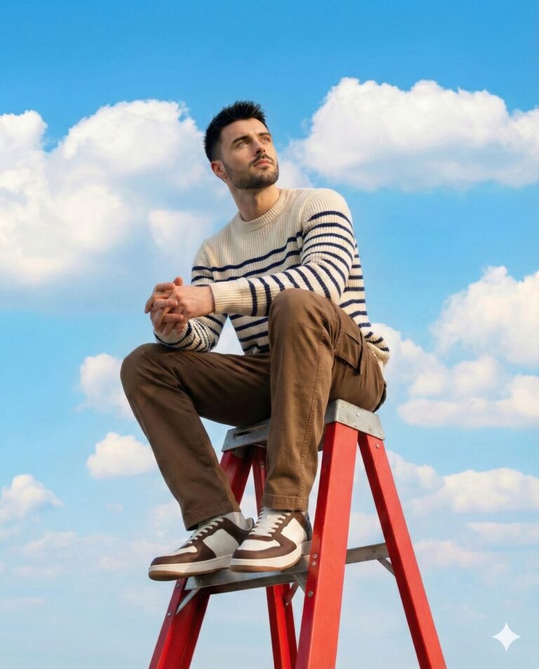 Gemini Generated Image: A man is sitting on top of a red ladder against a blue sky with white clouds. He is wearing a cream and navy striped sweater, brown cargo pants, and brown and white sneakers.