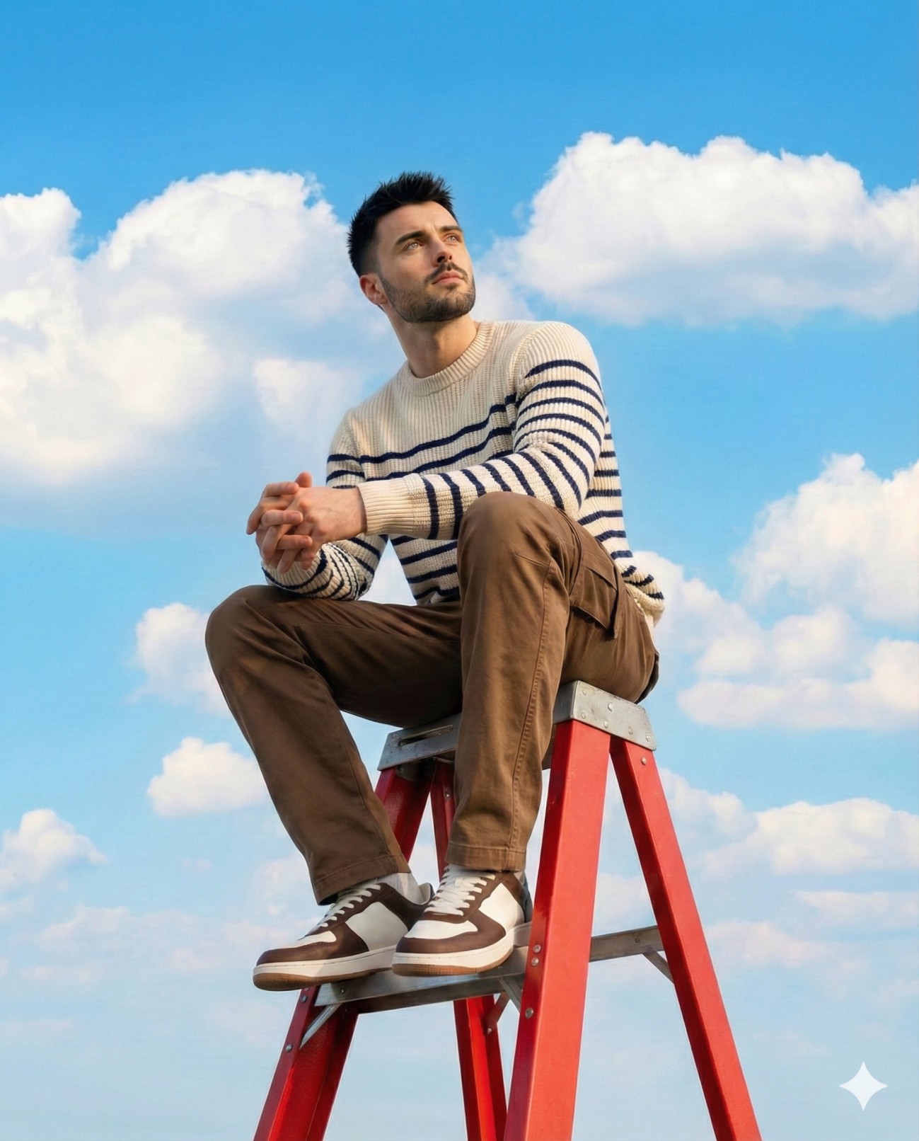 Gemini Generated Image: A man is sitting on top of a red ladder against a blue sky with white clouds. He is wearing a cream and navy striped sweater, brown cargo pants, and brown and white sneakers.