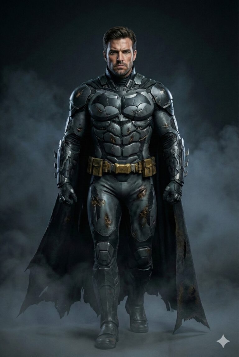 Gemini AI Generated Image: a hyper-realistic, cinematic portrait of a rugged male figure standing in a commanding, forward-facing pose, wearing a heavily battle-damaged tactical suit reminiscent of Batman. The subject has short, dark brown hair, a thick beard, and a piercing, stoic expression that conveys grim determination. His armor is rendered in matte charcoal and black tones, featuring a segmented chest plate with a faint bat emblem, all of which is marred by deep scratches, gouges, and exposed under-layers from combat. A dull, weathered gold utility belt sits at his waist, adding a utilitarian contrast to the dark plating. Behind him hangs a heavy, floor-length cape with severely tattered and frayed edges, blending into the thick, swirling grey fog that fills the dark, atmospheric background. The lighting is low-key and dramatic, accentuating the textures of the worn armor and the intensity of the character's presence.
