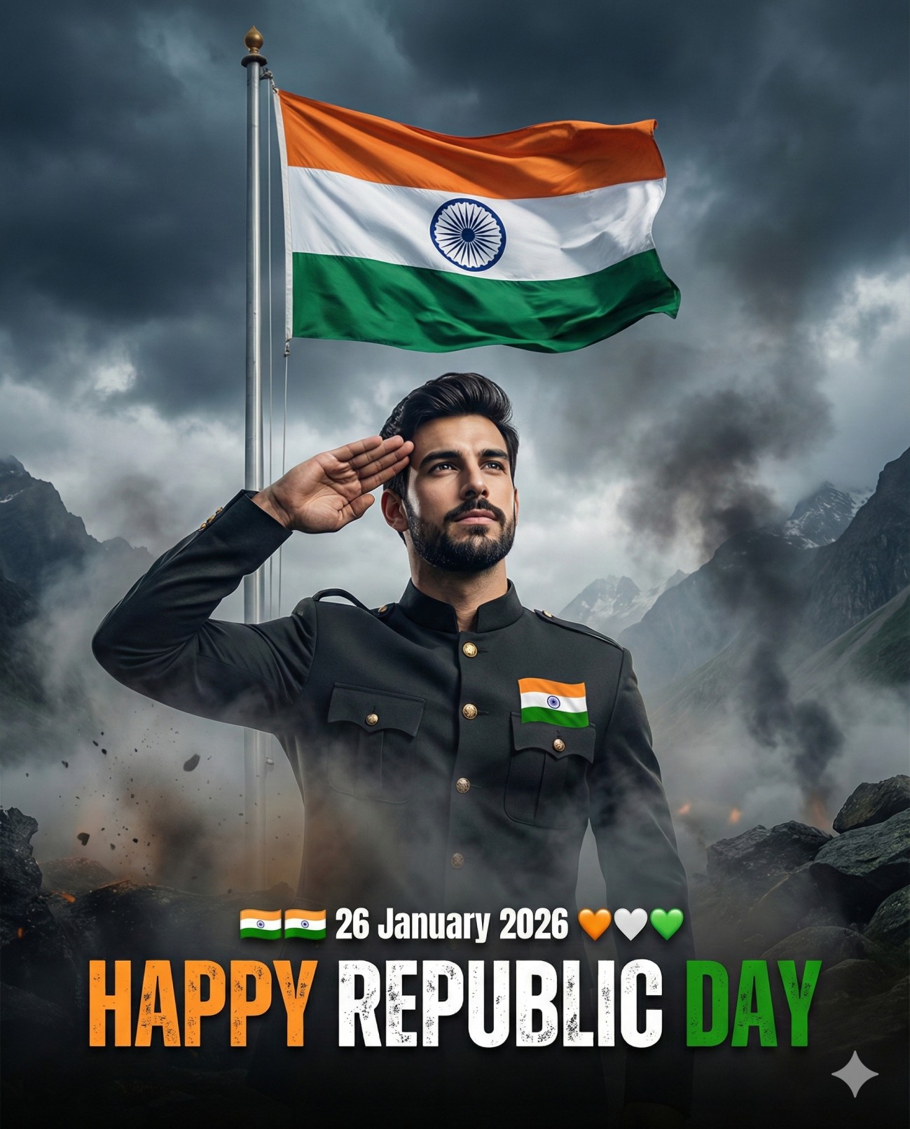 Gemini AI Generated Image of a Man in uniform saluting the Indian flag for Republic Day 2026 with a cinematic mountain backdrop.