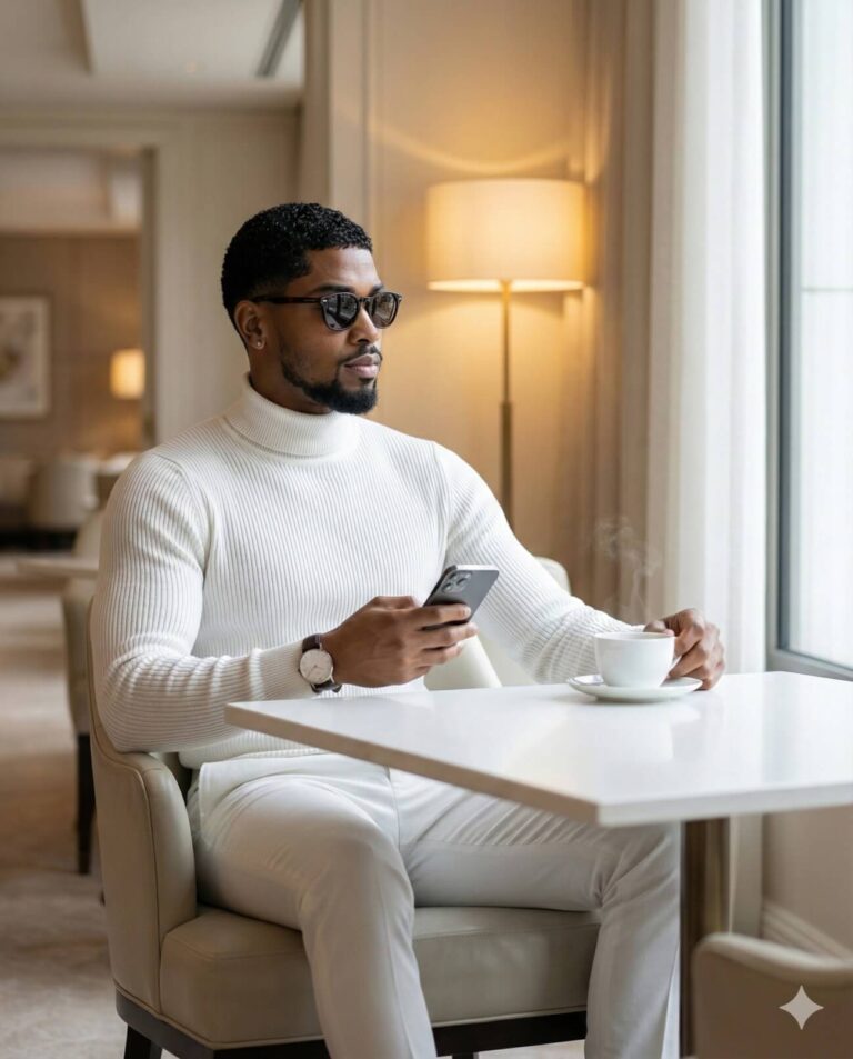 Gemini AI Generated Image: a stylish Black man with a beard, wearing a white ribbed turtleneck, white trousers, and dark sunglasses. He is sitting at a white table in an upscale, beige-toned lounge or hotel room, holding a smartphone in one hand and a steaming cup of coffee in the other while facing a window.
