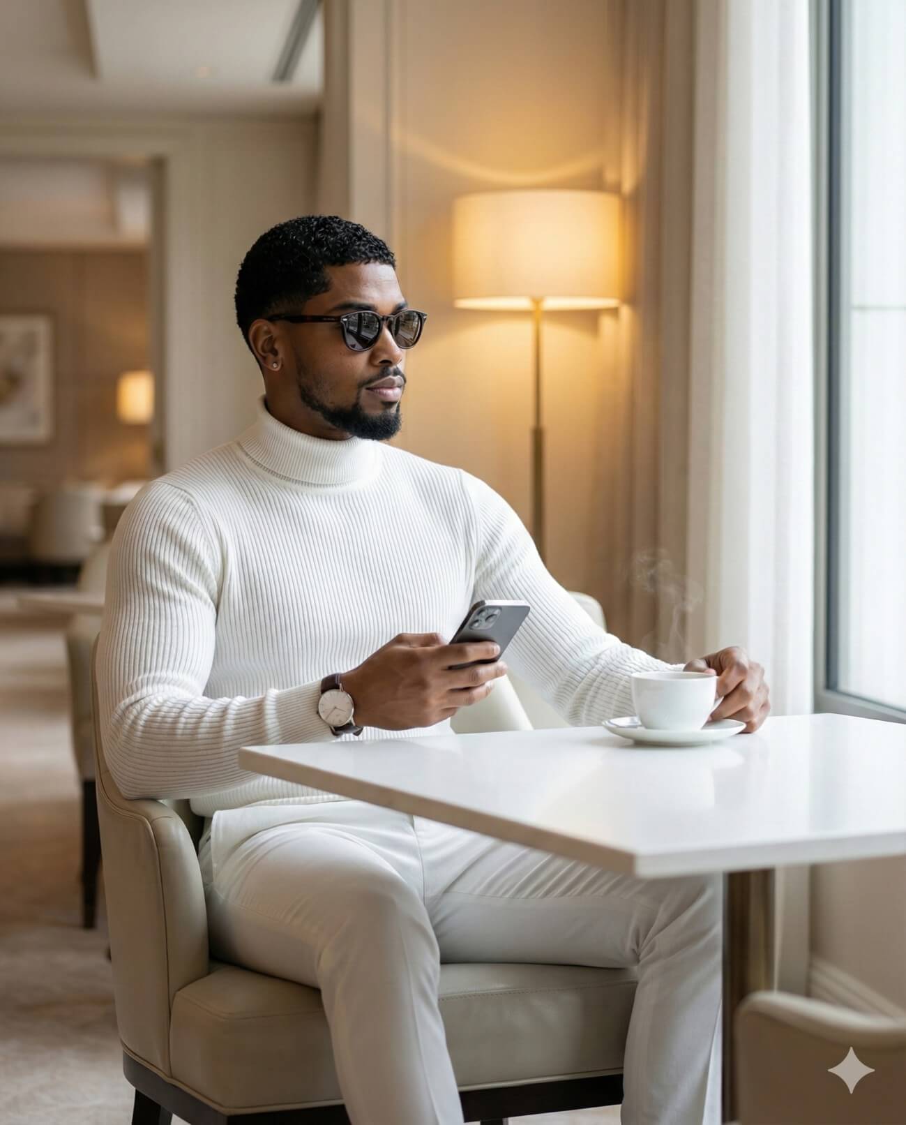 Gemini AI Generated Image: a stylish Black man with a beard, wearing a white ribbed turtleneck, white trousers, and dark sunglasses. He is sitting at a white table in an upscale, beige-toned lounge or hotel room, holding a smartphone in one hand and a steaming cup of coffee in the other while facing a window.