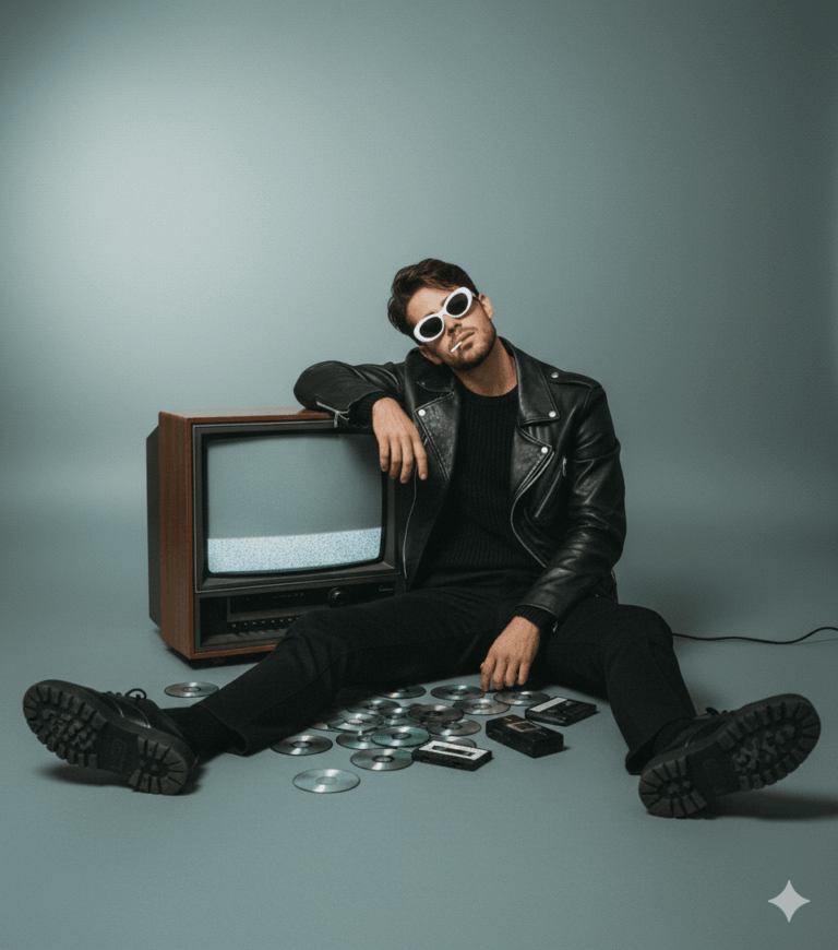 Gemini Generated Image: A man in a black leather jacket, black clothes, and white sunglasses is sitting on the floor, leaning against a vintage television. There are several CDs and a cassette tape scattered around him. He has a cigarette in his mouth and is looking directly at the camera.