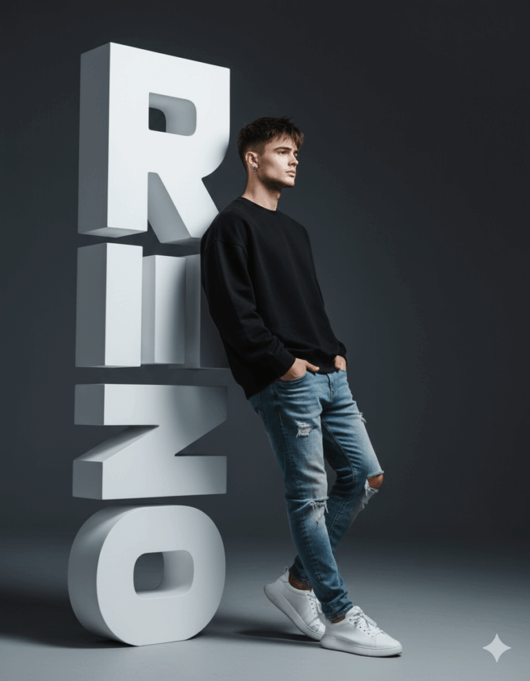 Gemini Generated Image: A young man wearing a black sweatshirt, distressed blue jeans, and white sneakers is leaning against a stack of large white 3D letters that spell the word "RINO". The background is a solid dark grey/black.