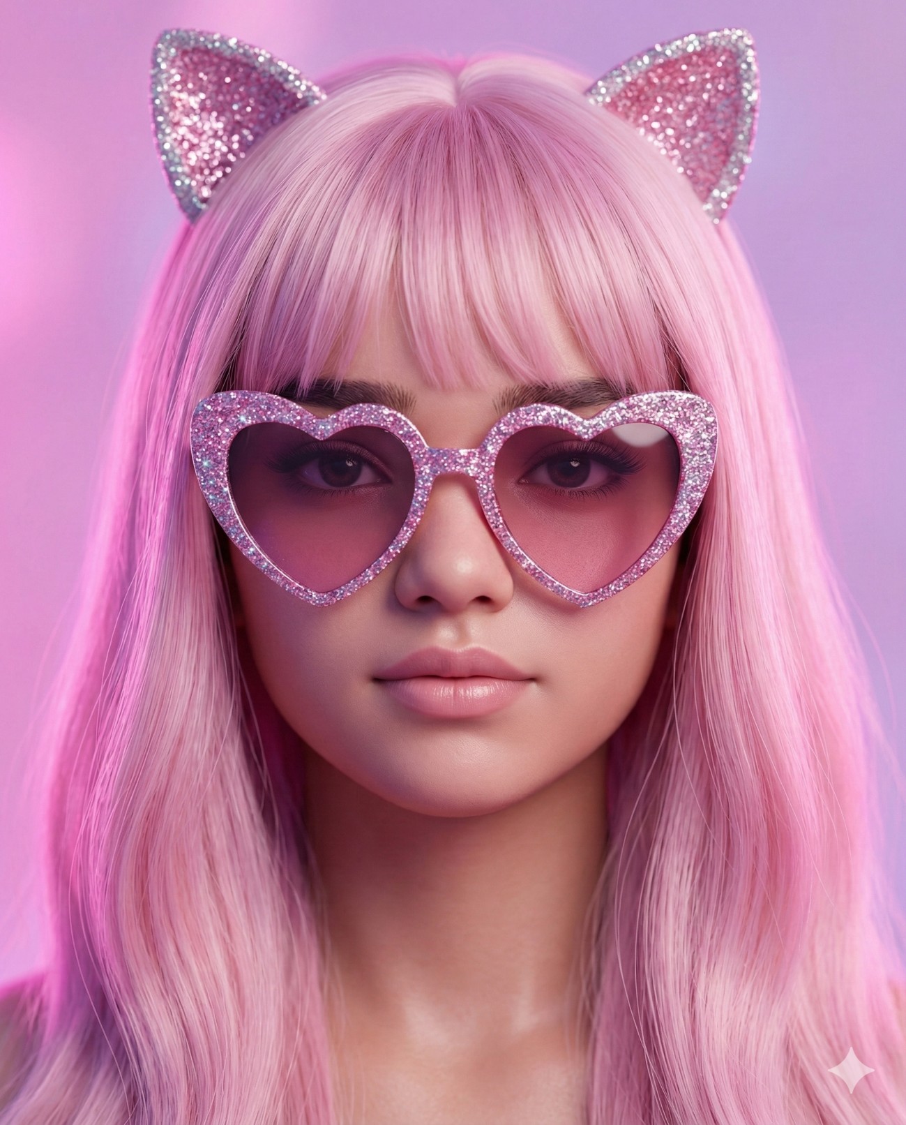 Gemini AI Generated Image of a pink-haired woman wears sparkly cat ears and heart-shaped sunglasses against a soft pastel background.