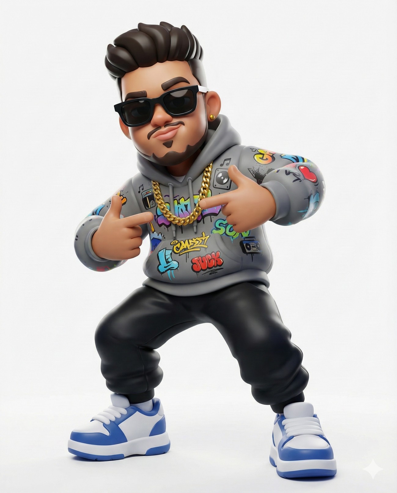 Gemini AI Generated Image: a stylized, 3D cartoon character of a man exuding a cool, urban vibe. He has styled dark hair, a groomed beard, and wears black sunglasses. His outfit consists of a grey hoodie covered in colorful graffiti-style graphics and stickers, accessorized with a gold chain necklace. He wears black joggers and chunky blue-and-white sneakers. Standing against a plain white background, he strikes a confident pose with his knees slightly bent, pointing both index fingers toward his chest.