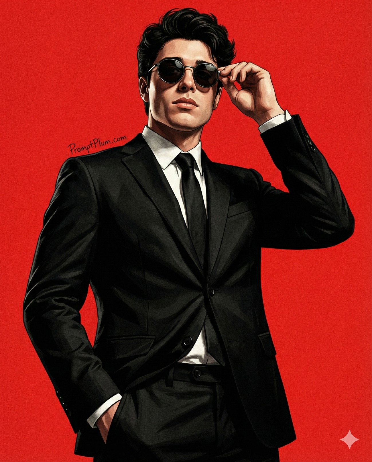 Gemini AI Generated Stylized illustration of a man in a black suit and round sunglasses against a vibrant red backdrop.