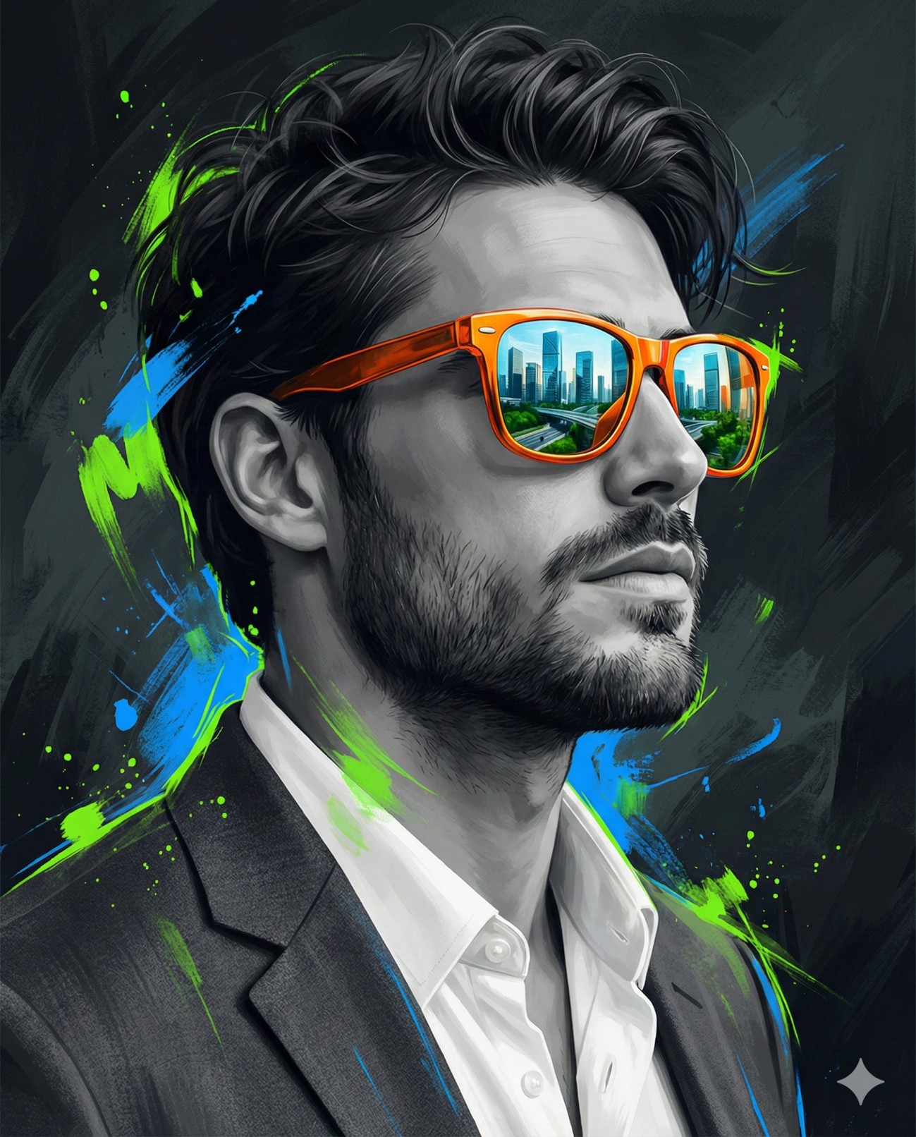 Gemini AI Generated Profile image of a stylish B&W man in a suit wears orange sunglasses reflecting a city, set against neon paint splatters.
