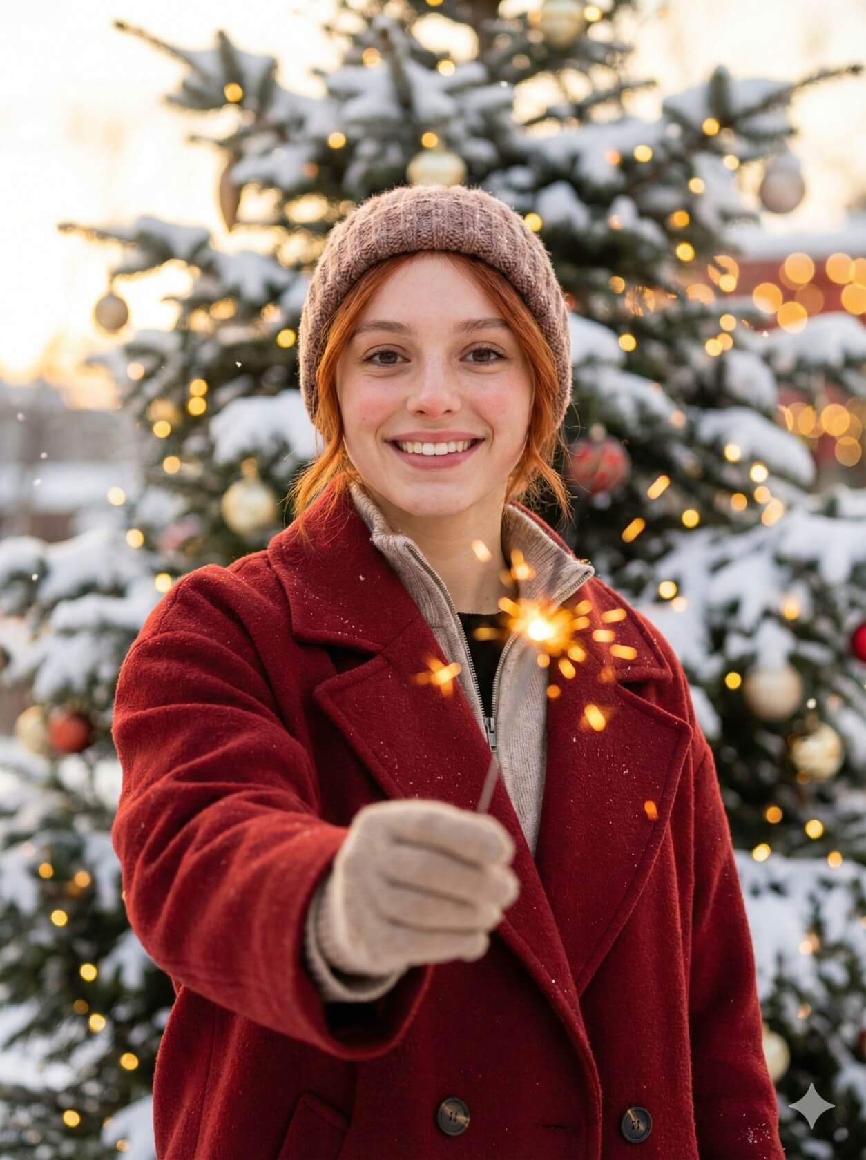 Gemini AI Generated Image: A medium shot captures a young woman with long red hair and a warm smile, holding a lit sparkler towards the camera. She wears a brown knit beanie, a red wool coat, and beige gloves. The sparkler emits bright golden sparks. In the background is a snow-covered Christmas tree decorated with baubles and string lights, set in an outdoor winter scene. The light is soft and warm, suggesting evening.