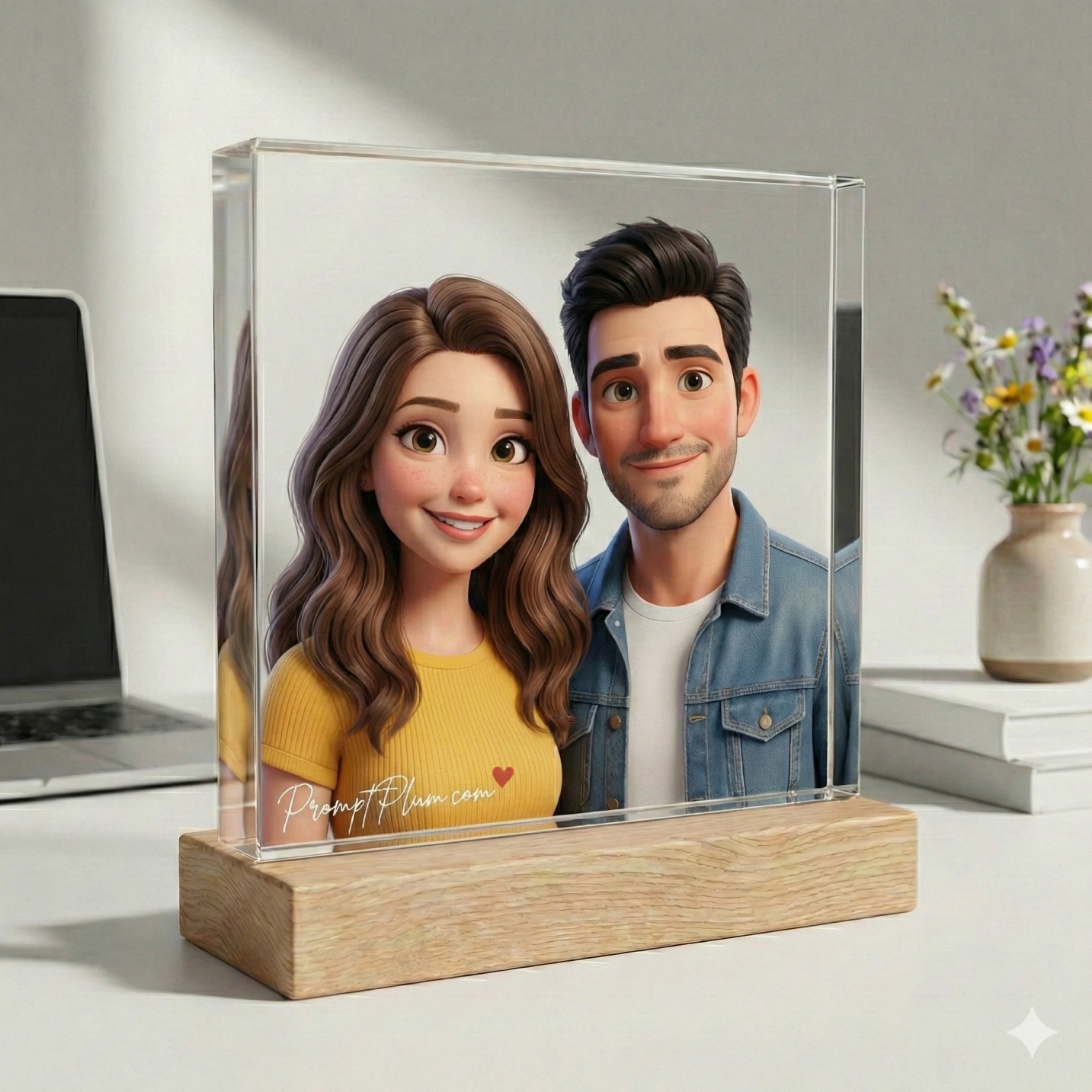 Gemini AI Generated Image: 3D animated couple in an acrylic frame on a wooden base, placed on a desk with a laptop and flowers.
