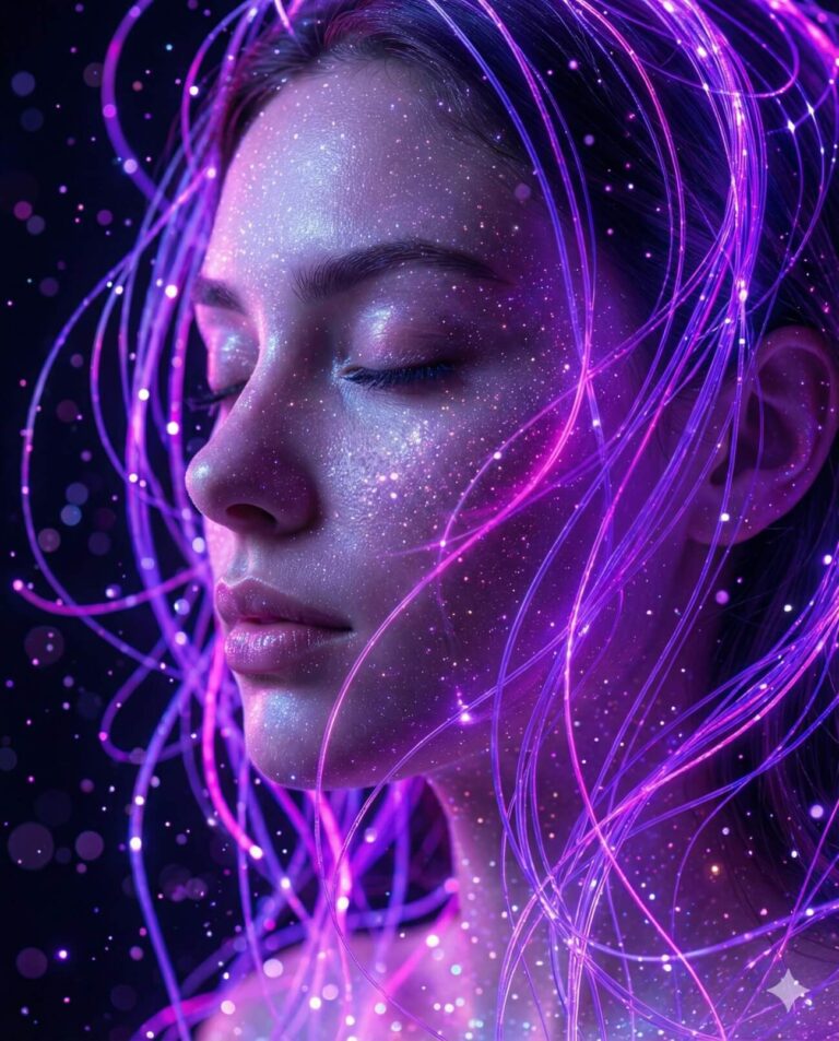 Gemini Generated Image: a close-up profile of a woman with her eyes closed, appearing peaceful and serene. Her skin shimmers with glittering specks like stardust, and she is surrounded by swirling, neon purple strands of light that look like glowing hair or energy lines. Set against a dark background with floating soft lights, the scene feels ethereal, futuristic, and magical.