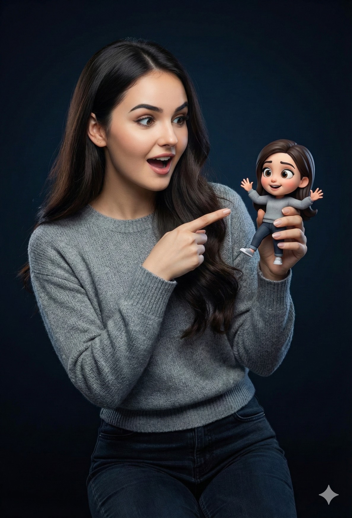 Gemini AI Generated Image: A young woman with long, dark wavy hair, captured in a studio setting against a solid dark blue background. She is dressed casually in a grey knitted sweater and dark jeans. Her expression is one of delightful surprise, with her mouth open in a smile, as she looks at a small, 3D animated figurine held in her left hand. She points excitedly at the figurine with her right index finger. The figurine is a stylized, cute miniature version of herself—resembling a Pixar-style character—dressed in an identical grey sweater and jeans with its arms outstretched. The lighting is soft and focused, highlighting the contrast between the realistic human subject and her charming cartoon counterpart.