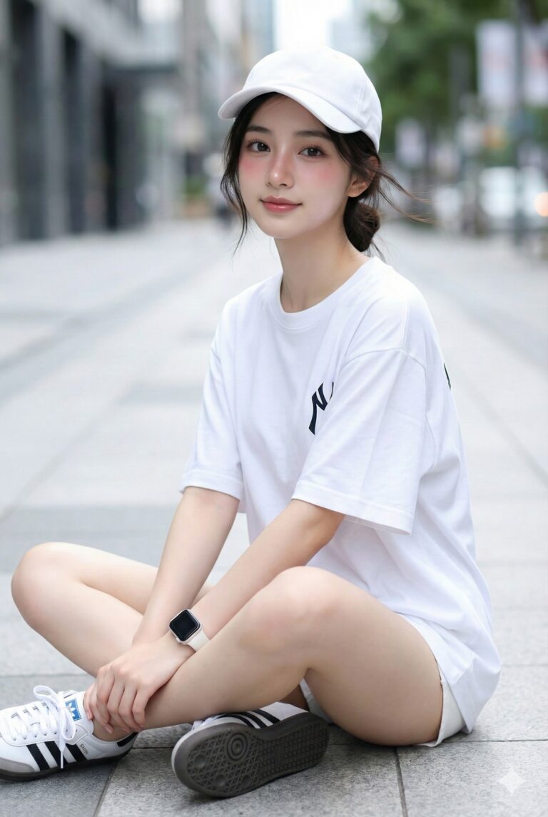 Gemini AI Generated Image: a young woman sitting cross-legged on a paved surface in a bright urban setting. She exudes a fresh, casual style, wearing an oversized white t-shirt with a subtle black logo on the chest and a matching white baseball cap. Her dark hair is pulled back, with loose strands framing a face characterized by soft, rosy makeup and a gentle, engaging smile. She completes the sporty look with white sneakers featuring distinctive black stripes and a smartwatch with a white band on her wrist. The background is artistically blurred, suggesting a city street with buildings and greenery, which draws full attention to the subject. The natural lighting highlights her youthful appearance and the clean, monochromatic aesthetic of her outfit.