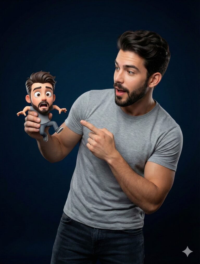 Gemini AI Generated Image: a humorous and surreal studio portrait of a young man interacting with a miniature, stylized 3D caricature of himself. The main subject, depicted in hyper-realistic detail, has dark styled hair and a beard, and is wearing a casual grey t-shirt. He looks at the small figure in his hand with an expression of amused astonishment, pointing at it with his other hand. The miniature character is rendered in a smooth, animated style—reminiscent of a Pixar character—with a disproportionately large head and a shocked, panicked expression, while wearing an identical grey outfit. The composition is set against a clean, deep blue background with soft studio lighting that emphasizes the contrast between the realistic human and the cartoonish "mini-me."
