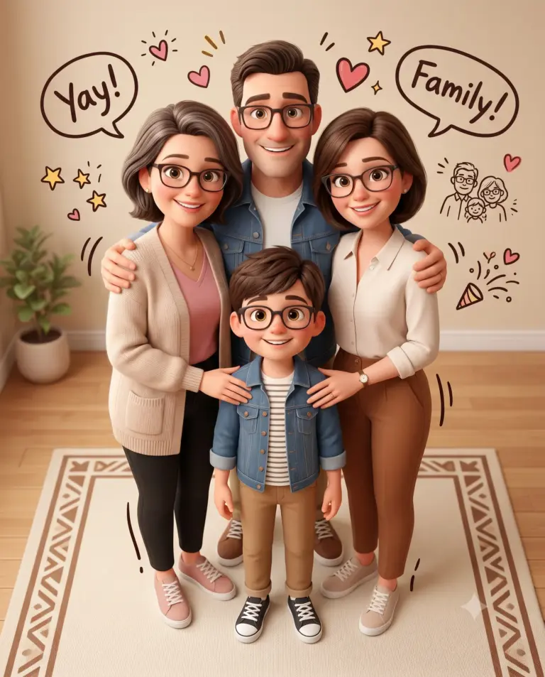 3D Cartoon Family AI Photo Editing Prompt. AI generated 3D digital illustration of a smiling family of four wearing glasses with cute floating doodles.