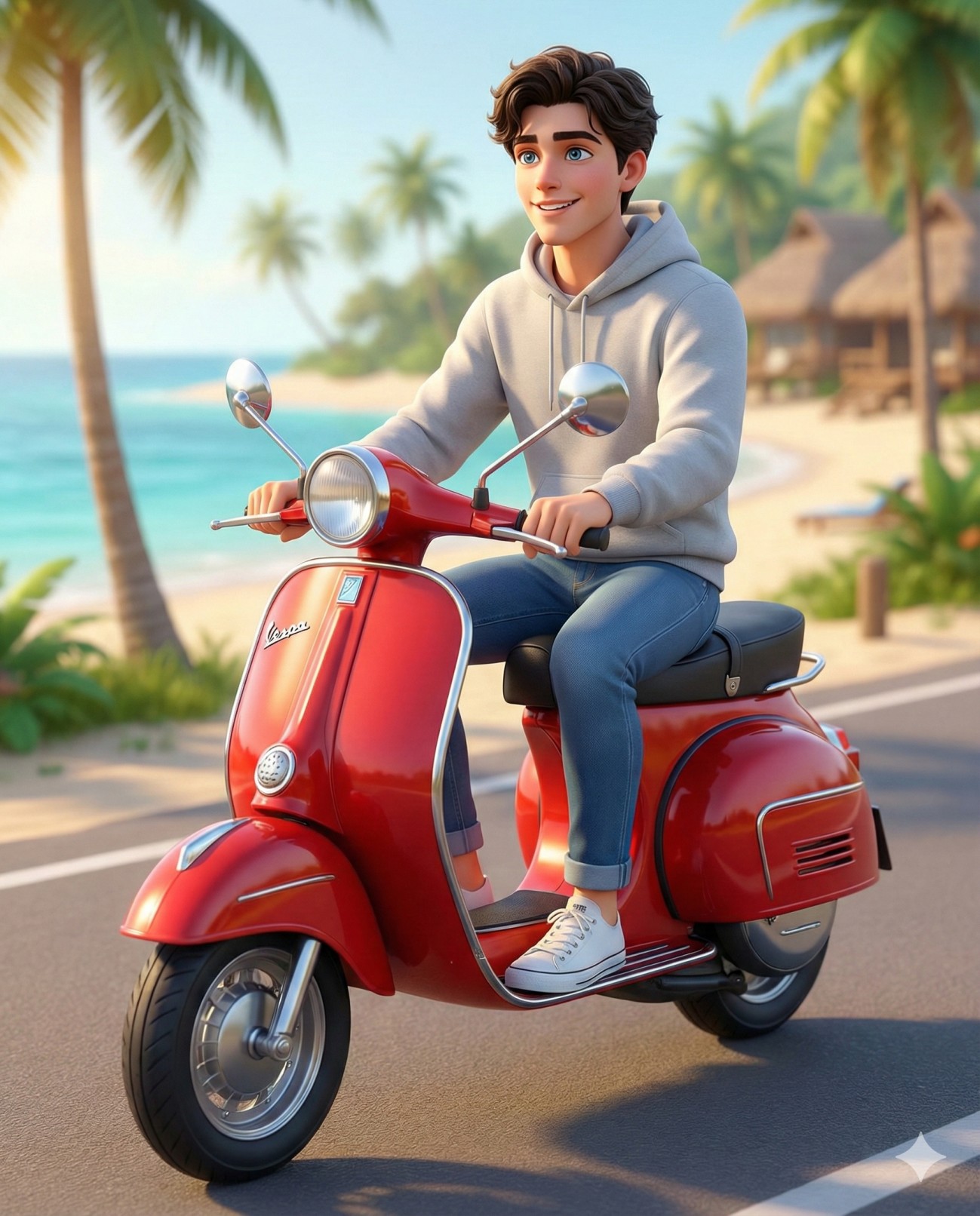 Gemini AI Generated Images: a vibrant, 3D animated-style scene featuring a young man joyfully riding a classic red scooter along a paved coastal road. The character has wavy dark brown hair, bright blue eyes, and a friendly smile, and he is dressed casually in a light grey hoodie, cuffed blue jeans, and white sneakers. He sits upright on the glossy red scooter, which features vintage styling with chrome mirrors and a round headlight. The background establishes a picturesque tropical setting, showcasing tall palm trees, a white sandy beach, turquoise ocean waters, and blurred thatched-roof bungalows, all bathed in warm, golden sunlight that creates a cheerful, summery atmosphere.