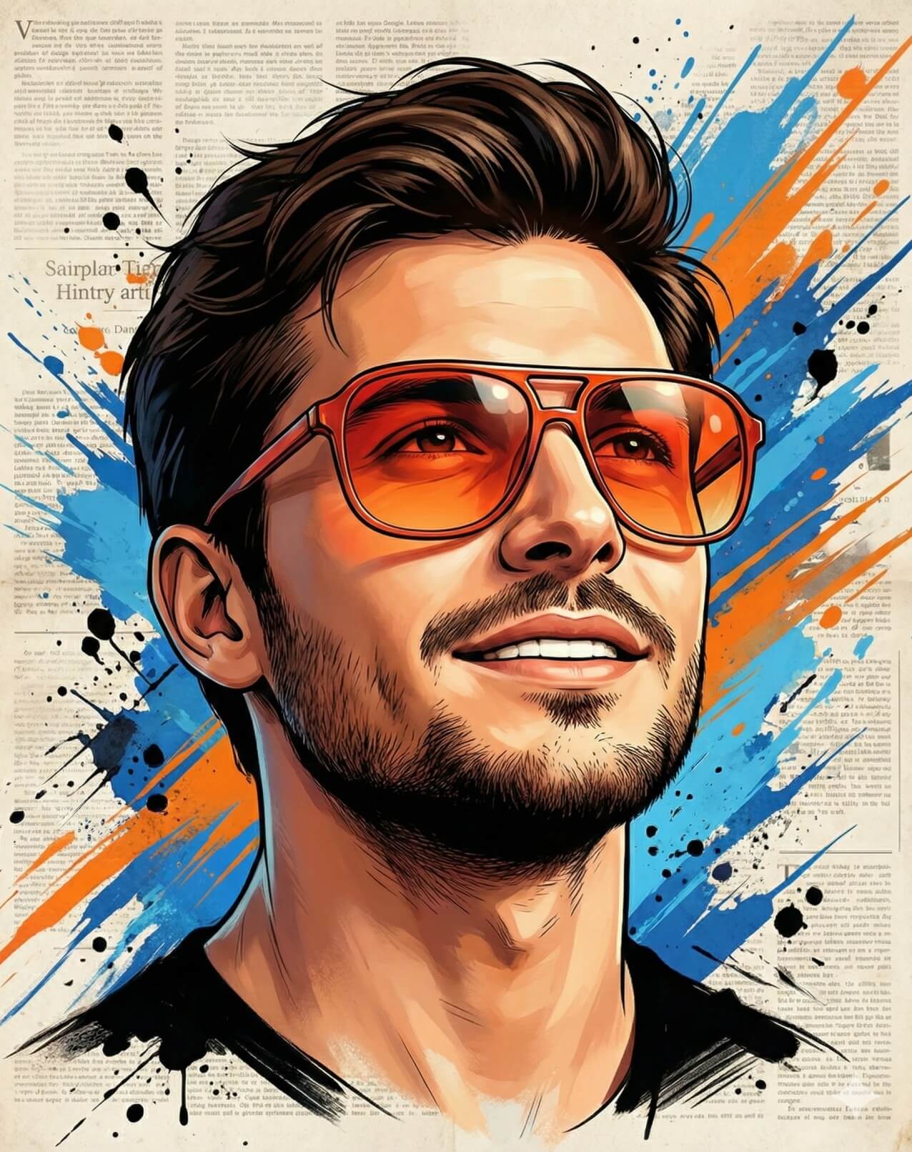 Gemini AI Generated: a vibrant, mixed-media style portrait features a young man with a hopeful, upward-gazing expression. He has voluminous, styled brown hair and a well-groomed beard, and is wearing oversized aviator sunglasses with bright orange-red gradient lenses. The artwork blends semi-realistic facial rendering with bold, graphic elements, set against a background of vintage newspaper text. Dynamic splashes of electric blue and tangerine orange paint, along with scattered black ink blots, frame his head, creating an energetic and artistic composition that feels both modern and expressive.