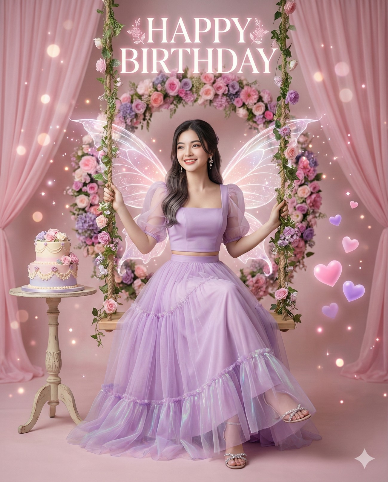Gemini AI Generated Image of a smiling woman with long brown hair and glowing pink fairy wings sits on a flower-covered swing, wearing a lilac two-piece gown next to a pastel birthday cake.