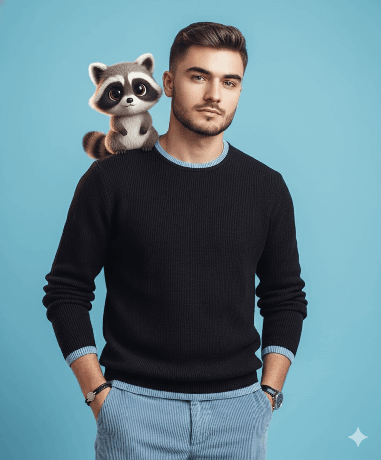 Gemini Generated Image: A man in a black sweater and light blue pants is posing against a blue background with a small, cute, cartoon-style raccoon perched on his shoulder. He has his hands in his pockets.