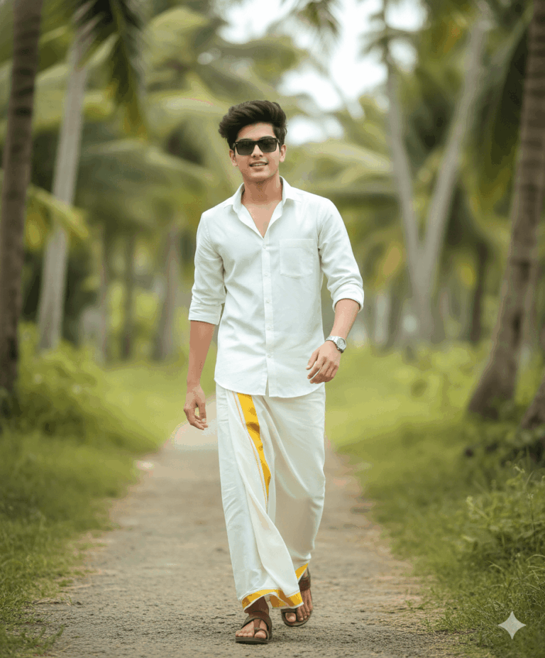 Gemini AI Generated Image: A young man with dark, styled hair and sunglasses walks confidently down a narrow dirt path lined with palm trees. He wears a crisp white button-down shirt with the sleeves rolled up, paired with a traditional white dhoti featuring a gold border. He is also wearing a silver watch and brown sandals. The background is a lush, green tropical landscape with a soft, blurred focus.