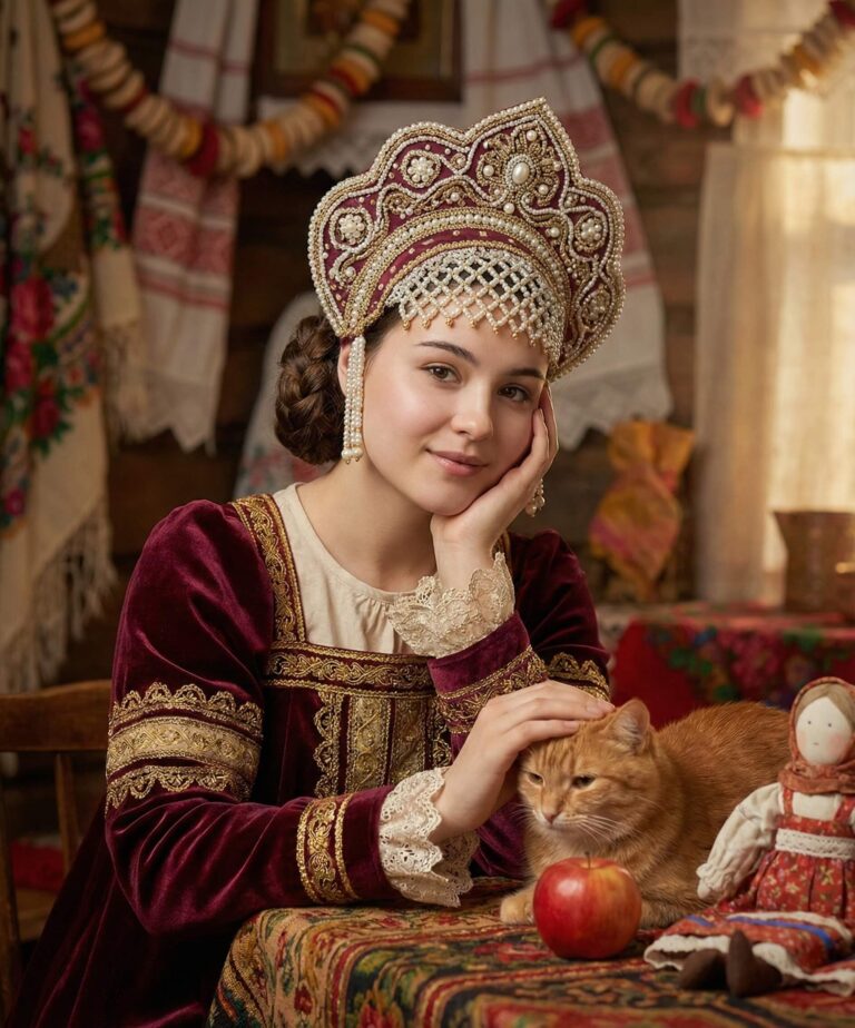 Gemini Generated Image: A young woman wearing a traditional, ornate Russian headdress (kokoshnik) and a dark red velvet dress is sitting at a table. She is gently petting an orange cat with her right hand. On the table, there is also a red apple and a folk doll. The setting appears to be a rustic, wooden interior decorated with embroidered cloths.