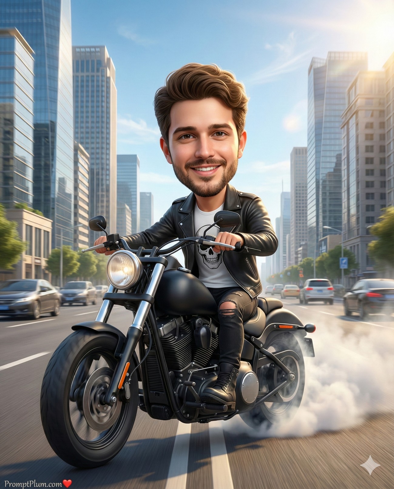 Gemini AI Generated Image of a 3D caricature of a smiling man in a leather jacket riding a motorcycle through a sunny city street.