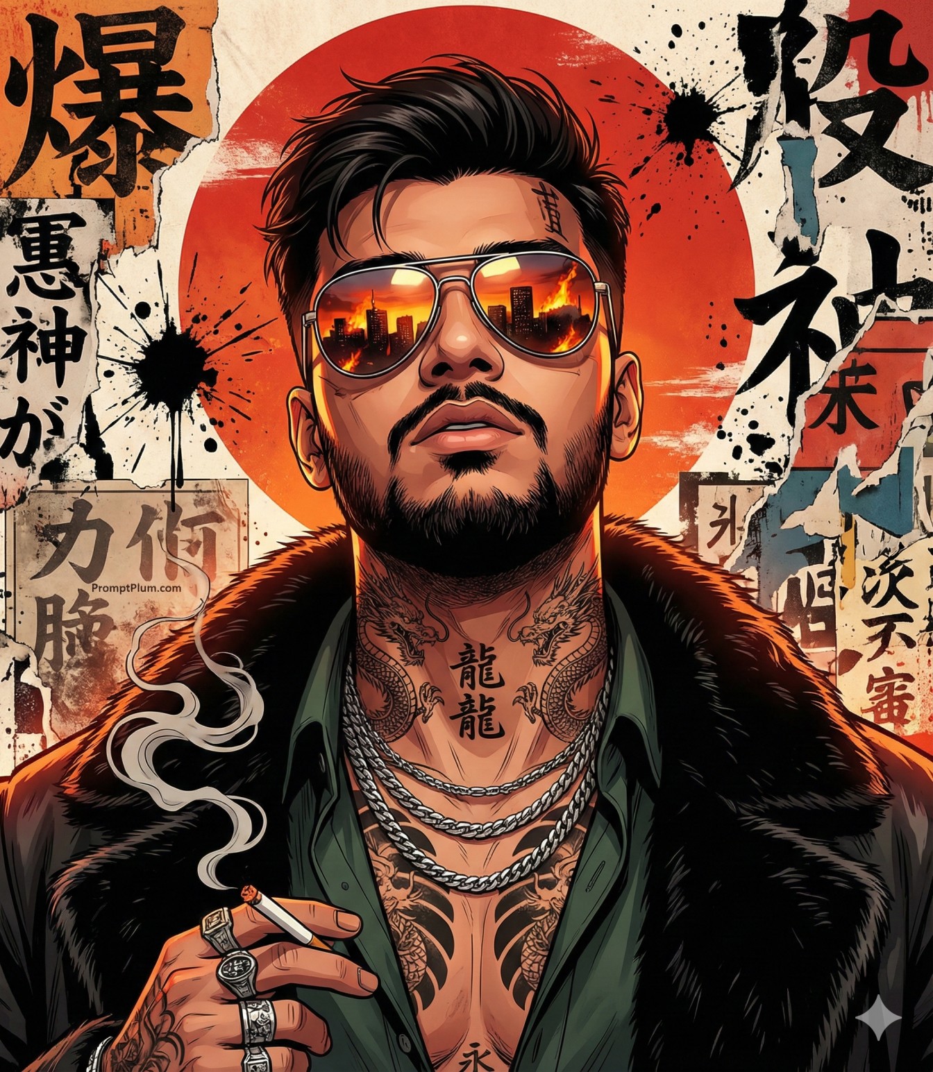 Gemini AI Generated: A gritty, manga-style portrait of a tattooed man in sunglasses backed by a red sun and Japanese text.