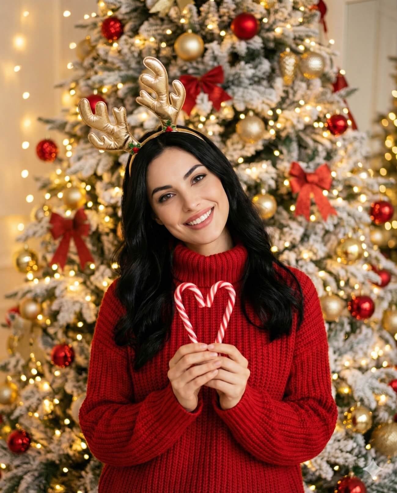 Gemini Generated Image: A smiling woman with long dark hair is standing in front of a brightly lit Christmas tree. She is wearing a red turtleneck sweater and gold reindeer antlers. She is holding two candy canes shaped like a heart.