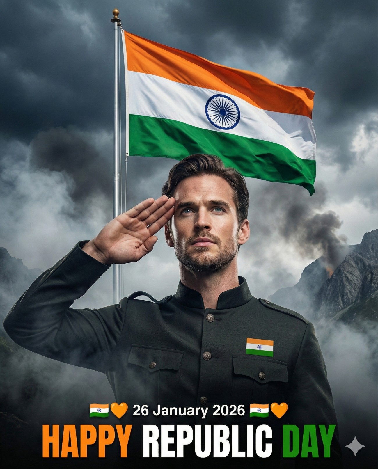 Gemini AI Generated Image of a man salutes the Indian flag amidst smoky peaks, celebrating a cinematic Republic Day 2026.