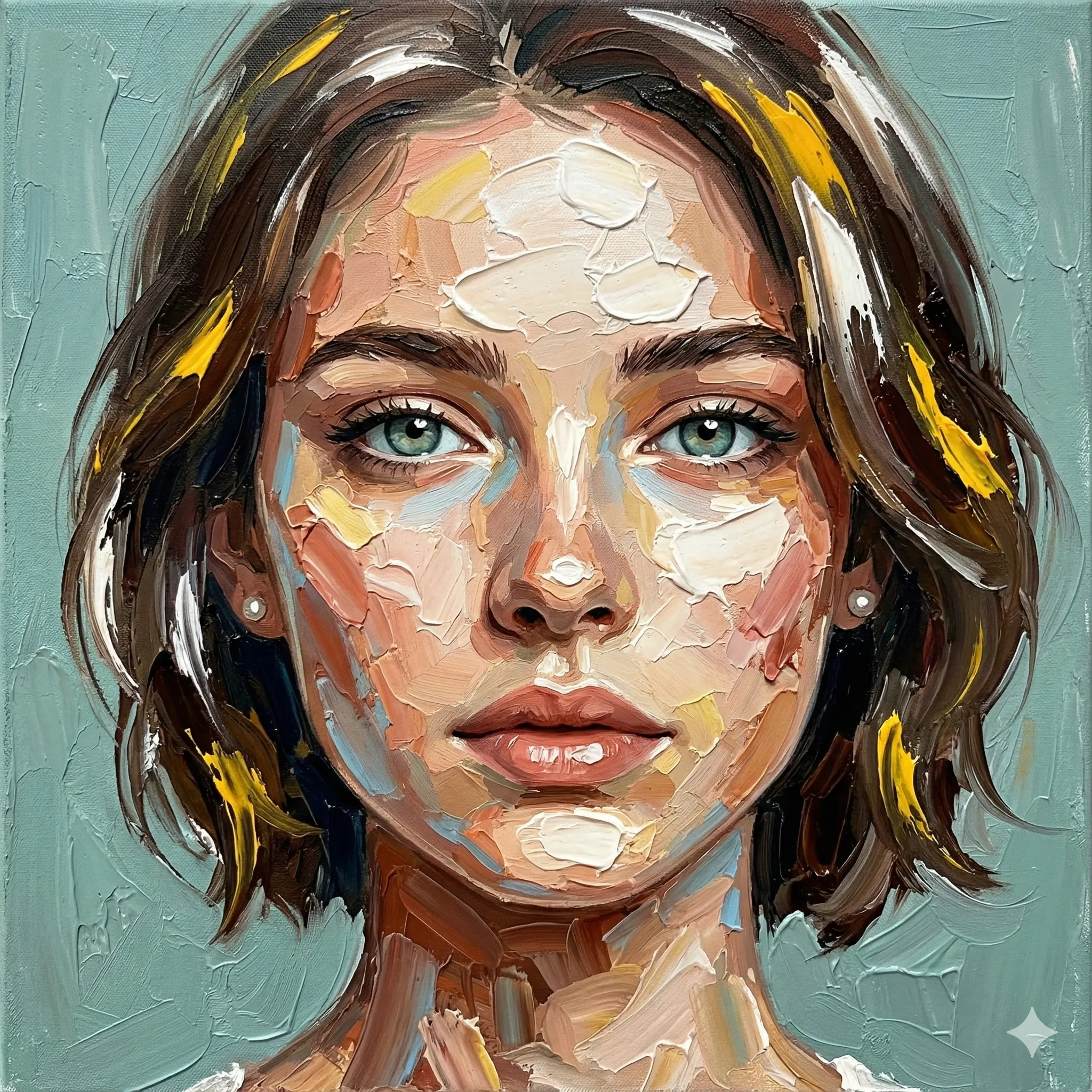Textured Impasto Woman Portrait AI Art Editing Prompt. AI generated oil painting portrait of a woman with short hair, featuring thick, vibrant palette knife brushstrokes and high-texture impasto details.