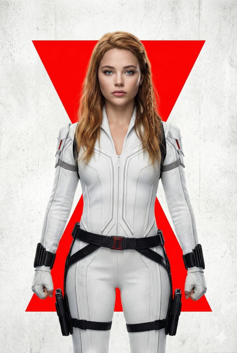 Gemini AI Generated Image: a hyper-realistic, cinematic studio portrait of a woman standing in a powerful, symmetrical pose, dressed in a white tactical bodysuit inspired by Marvel’s Black Widow. She faces the camera directly with a serious, intense expression, framed by shoulder-length strawberry-blonde hair with subtle braids. The form-fitting white suit is rendered with high-definition textures, featuring grey shoulder accents, a central zipper, and tactical seams. She is equipped with black combat gear, including wrist gauntlets, a utility belt with a red hourglass buckle, and thigh holsters holding handguns. The background is a textured, off-white surface overlaid with a large, bold red hourglass graphic directly behind her, creating a striking, high-contrast visual typical of a movie poster key art.
