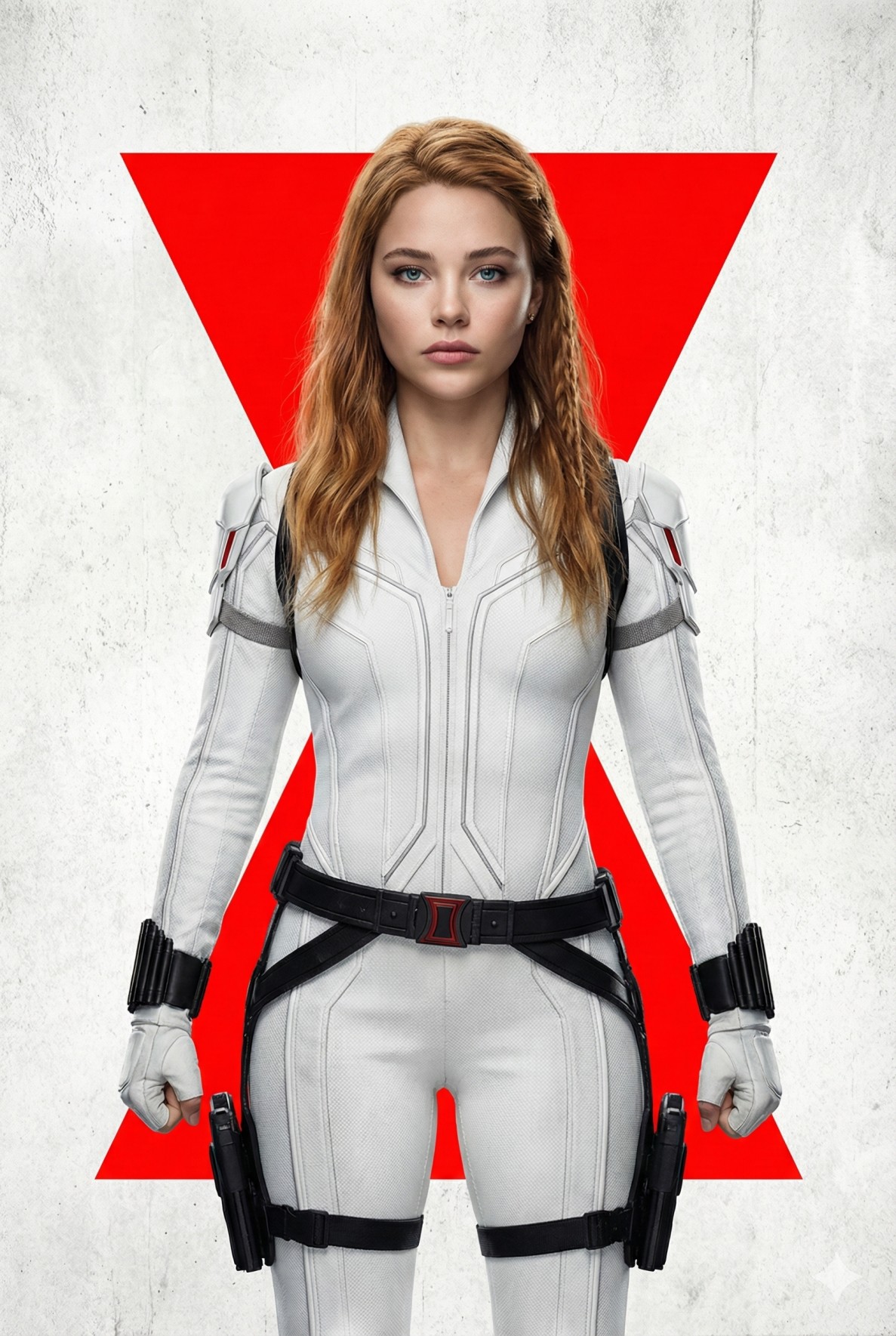 Gemini AI Generated Image: a hyper-realistic, cinematic studio portrait of a woman standing in a powerful, symmetrical pose, dressed in a white tactical bodysuit inspired by Marvel’s Black Widow. She faces the camera directly with a serious, intense expression, framed by shoulder-length strawberry-blonde hair with subtle braids. The form-fitting white suit is rendered with high-definition textures, featuring grey shoulder accents, a central zipper, and tactical seams. She is equipped with black combat gear, including wrist gauntlets, a utility belt with a red hourglass buckle, and thigh holsters holding handguns. The background is a textured, off-white surface overlaid with a large, bold red hourglass graphic directly behind her, creating a striking, high-contrast visual typical of a movie poster key art.