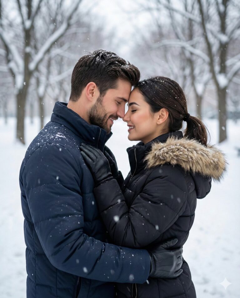 Gemini AI Generated Image: an intimate moment between a couple amidst a serene winter landscape. A man and a woman stand closely embraced, their foreheads gently touching as they share a soft, affectionate smile with their eyes closed. They are dressed warmly for the weather; the man wears a navy blue puffer jacket, while the woman is clad in a black coat featuring a fur-lined hood and black leather gloves. Light snowflakes dust their hair and shoulders, adding to the romantic atmosphere. The background is a soft blur of snow-covered ground and leafless trees, emphasizing the quiet connection between the two figures in the chilly, white setting.