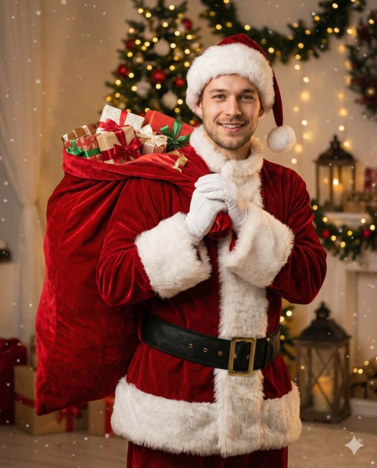 Gemini AI Generated Image of A smiling young man dressed in a traditional red Santa Claus suit with white fur trim, holding a large red sack overflowing with wrapped gifts over his shoulder. He stands in a warm, festively decorated room with a Christmas tree and glowing lights in the background, surrounded by a soft, falling snow effect.
