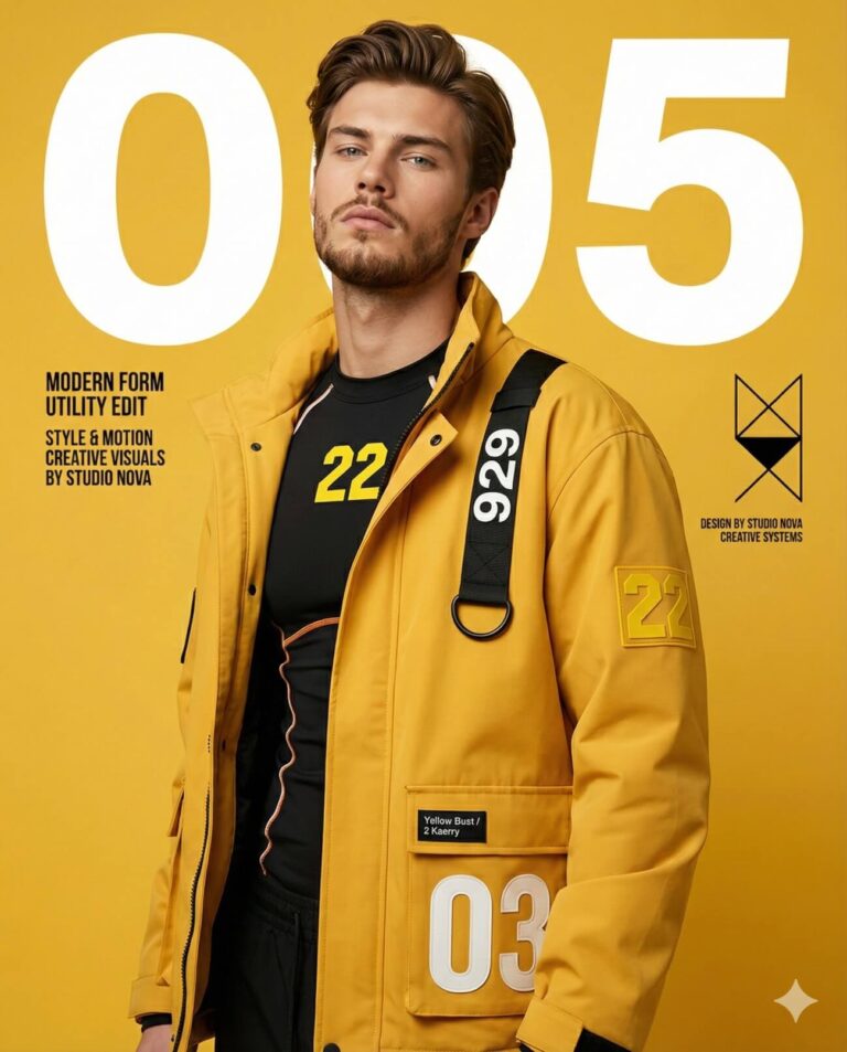 Gemini AI Generated Image: A vertical editorial fashion image resembling a magazine cover, featuring a male model with brown hair and stubble. He is wearing a mustard-yellow techwear utility jacket with a black strap reading "929" and a black compression shirt with the number "22". The background is a matching solid yellow with a large white "05" layered behind the model's head. Additional graphic design text on the left reads "MODERN FORM UTILITY EDIT," and a geometric logo with "DESIGN BY STUDIO NOVA" appears on the right.