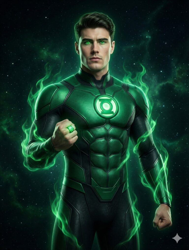 Gemini AI Generated: hyper-realistic cinematic portrait features a young man embodying the Green Lantern, standing with a stoic and powerful posture against a backdrop of deep outer space scattered with stars. He wears a highly detailed, textured suit composed of emerald green and matte black armored panels, with the iconic Green Lantern emblem glowing softly on his chest. His expression is intense and focused, enhanced by eyes that emit a piercing green luminescence. A flame-like green energy aura wreathes his torso and arms, matching the glow of the power ring on his raised right fist. The lighting is dramatic and studio-quality, using rim lighting to define his silhouette against the dark cosmic void while highlighting the intricate mesh textures of his uniform.