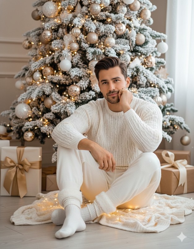 Gemini AI Generated Image of A young man with dark hair and a light beard sits on a white knitted blanket on the floor, resting his chin on his hand with a relaxed expression. He is wearing a cozy, all-white outfit consisting of a cable-knit sweater, sweatpants, and socks. Behind him stands a large, heavily flocked Christmas tree glowing with warm fairy lights and decorated with gold and champagne-colored ornaments. Several wrapped gifts with gold ribbons are placed on the floor around him.