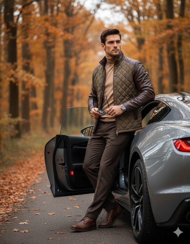 Gemini AI Generated Image: A medium shot of a stylish man leaning against a sleek, silver sports car on a road winding through an autumnal forest. He wears a tan turtleneck, a quilted olive-green vest with brown leather sleeves, dark brown trousers, and brown leather boots. He holds a pair of sunglasses and looks off to the side. The background is filled with tall trees displaying vibrant orange and yellow leaves, creating a soft, blurred bokeh effect.