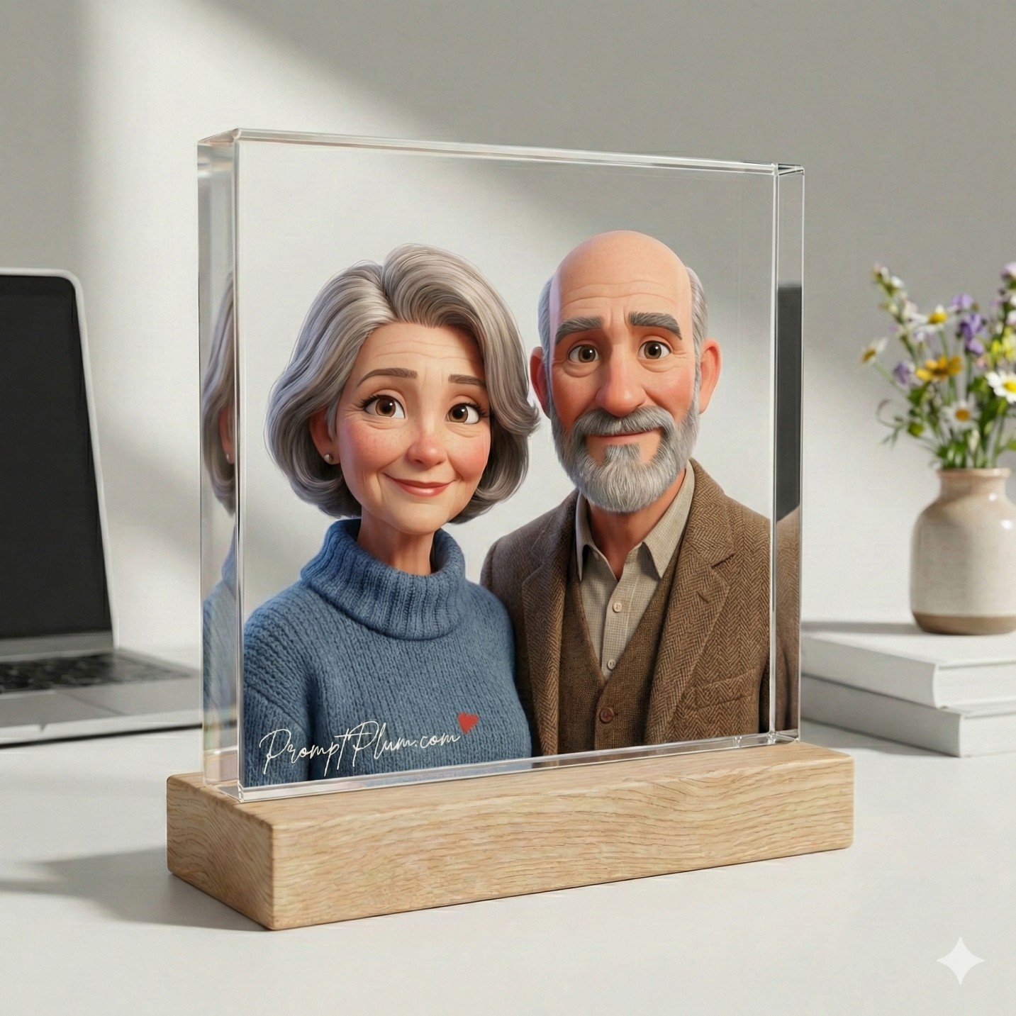 Gemini AI Generated Image of a 3D animated elderly couple in a clear acrylic frame on a wooden base, displayed on a minimalist desk.