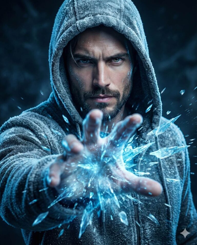 Gemini AI Generated Image: an intense man wearing a heavy, frost-covered grey hoodie. He is reaching his hand forward, unleashing a dynamic burst of jagged blue ice crystals and magical energy from his open palm. With a serious expression, a dark beard, and piercing light-colored eyes, he appears to be wielding a powerful freezing ability set against a dark, cold background.