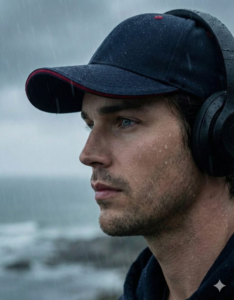 Gemini Generated Image: A man wearing a dark baseball cap and headphones is shown in a close-up profile shot while rain falls on his face and cap. He appears to be outdoors by the water on a cloudy day.