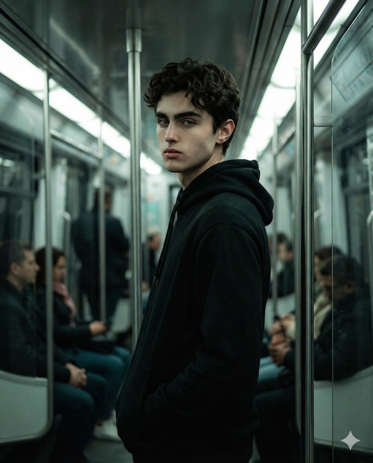 Gemini AI Generated Moody portrait of a young man with curly dark hair in a black hoodie inside a subway car.