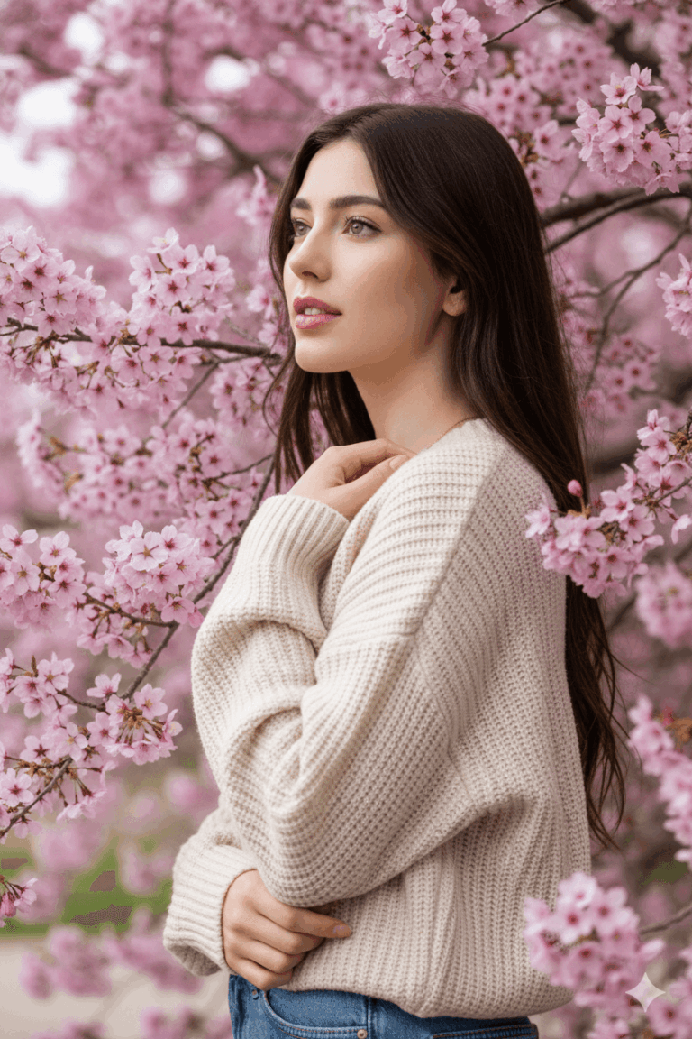 Gemini AI Generated Image: A young woman with long, dark hair poses thoughtfully amidst blooming pink cherry blossoms. She is wearing a cream-colored, oversized ribbed knit sweater and blue jeans. Her profile is captured as she gazes slightly upward and to the side, with one hand gently resting near her shoulder. The soft pink flowers create a lush, blurred background that frames her.