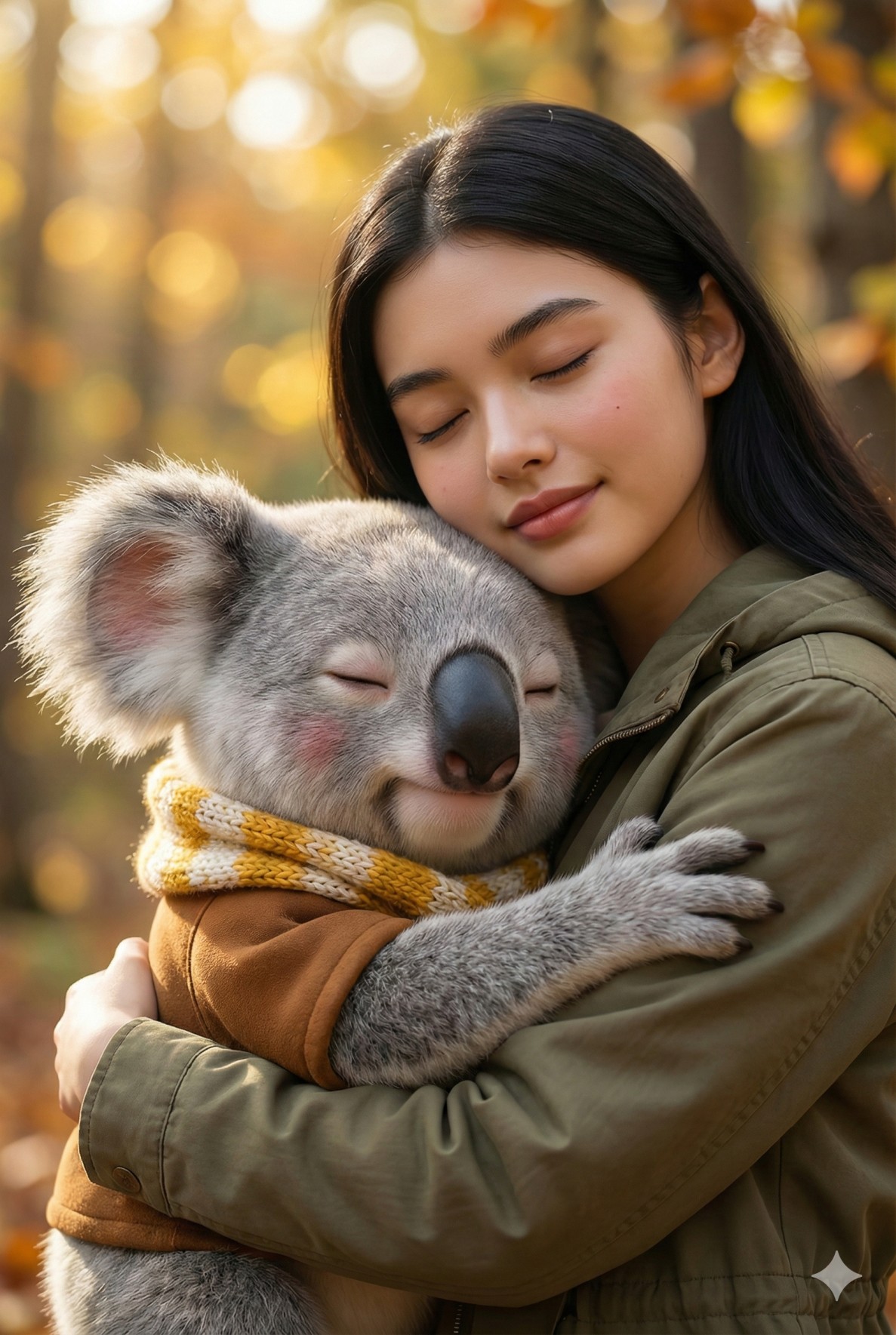 Gemini AI Generated Image of A peaceful woman embraces a cute koala wearing a cozy scarf in a warm, sunlit autumn forest.