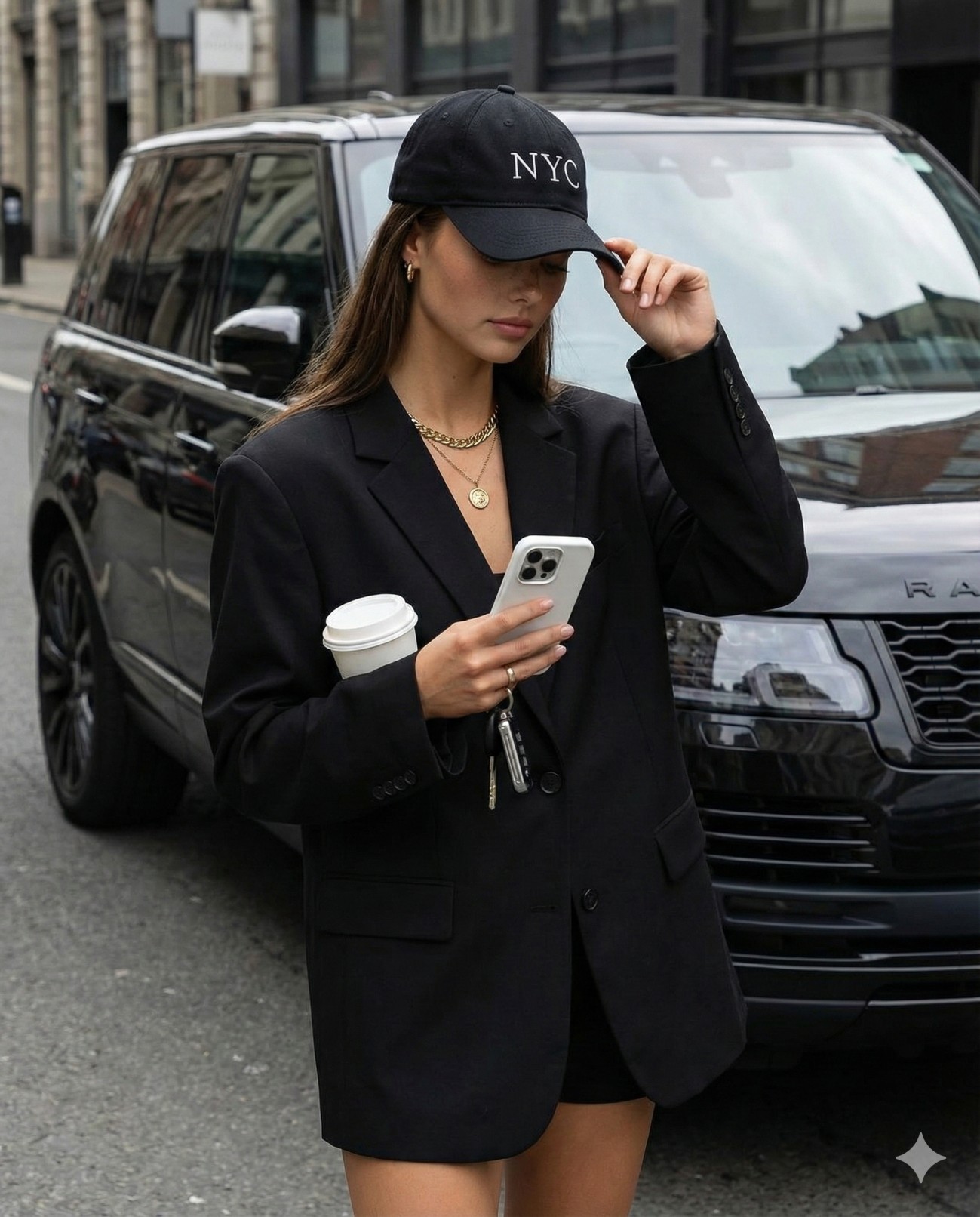 Gemini AI Generated image of a stylish woman in black blazer and NYC cap checks phone by a Range Rover.